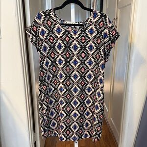 Pink Rose Geometric Print Tunic Dress - Black, Blue, Pink